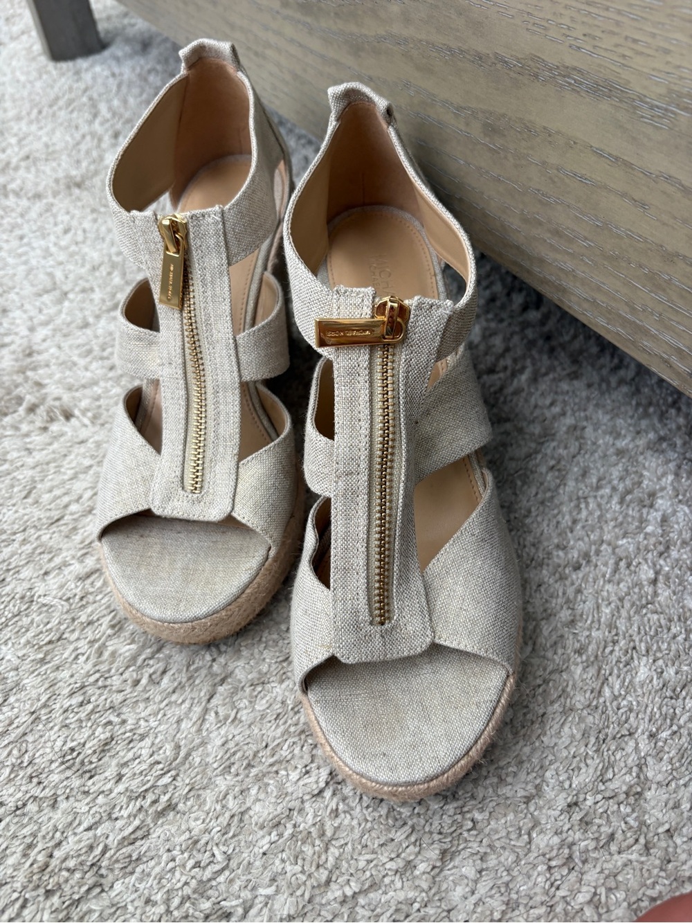 MICHAEL Michael Kors Natural Linen Espadrille Wedge Sandals with Gold Zipper